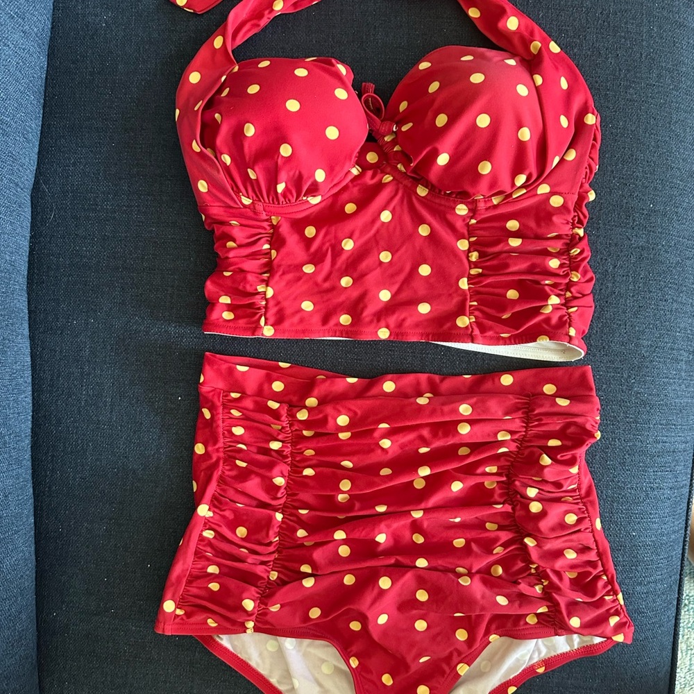 Unique Vintage Red & Ivory
Dotted Halter Bessie Crop & Monroe  bottom bikini set